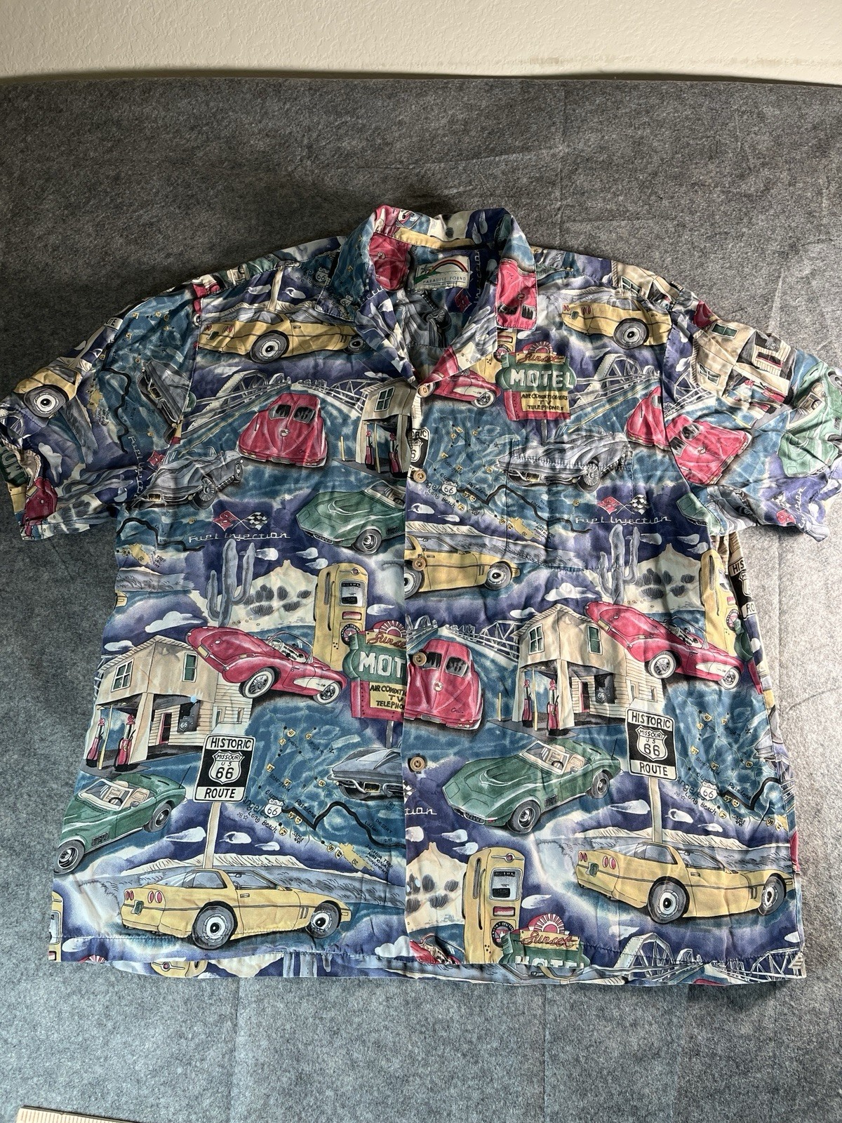 Vintage Paradise Found Hawaiian Shirt Men Route 66 Corvette Cars Chevrolet 2XL