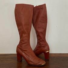 Vintage 1960s 1970s Brown Leather Gogo Boots Knee High Gold Accents Women's 6