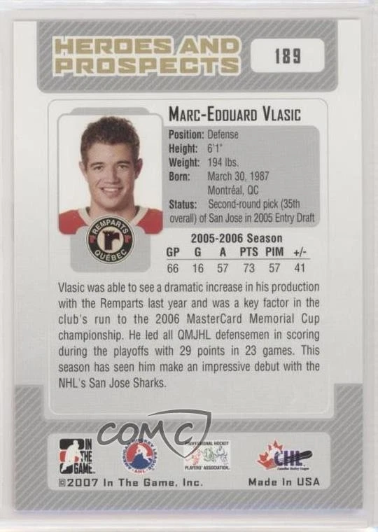 2006-07 ITG Heroes and Prospects Marc-Edouard Vlasic #189 Rookie RC - Image 2 of 2