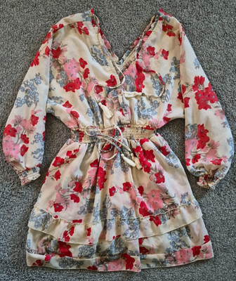 Floral Print Mini Dress lalla nissa creme pink red blue Puff Sleeve size large 