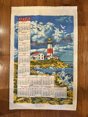 Vintage Bright Lighthouse/Keeper House  Pristine 1972 Calendar Tea Towel