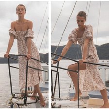 ANTHROPOLOGIE x KIVARI Angelina Snakeskin Linen Midi Dress Tan Cream Sz L {3N22}