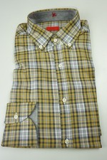 Isaia Napoli Gold Gray White Plaid Long Sleeve Cotton Dress Shirt 15.5/39 NEW