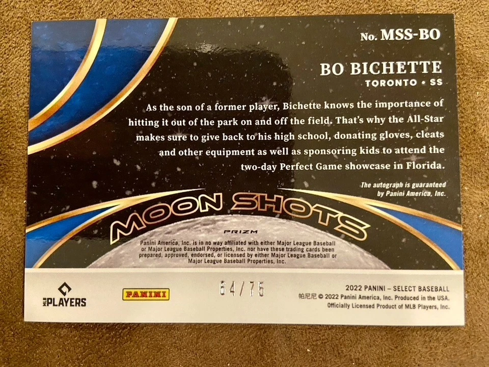 2022 Panini Select Bo Bichette 64/75 Holo Prizm Moon Shots Auto Blue Jays - Image 2 of 2