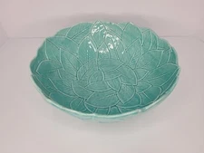 Vintage Turquoise Blue Leaf Serving Bowl 11" Round Textured Made In Italy 