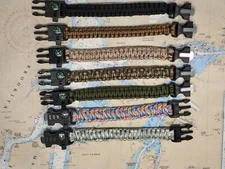 PARACORD SURVIVAL BRACELET, COMPASS, FLINT, WHISTLE CAMPING GEAR, 8"