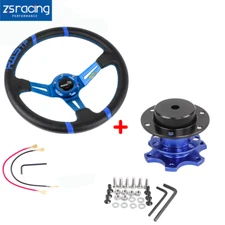 Racing Car 14" Deep Dish Drifting Steering Wheel & Blue Quick Release Adapter