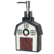 Christmas Barn Soap Lotion Dispenser Ceramic Hand Painted Grey Wreath Red White