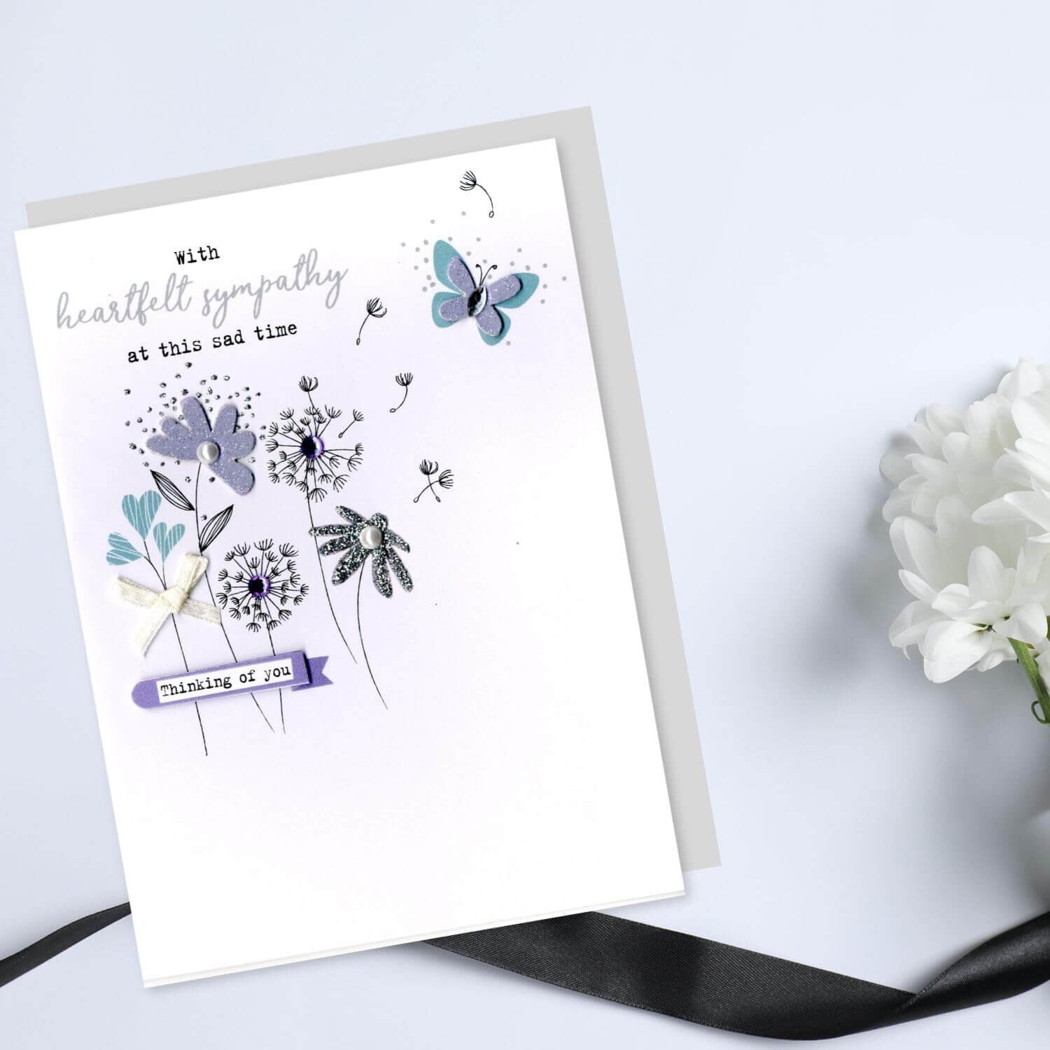 Sympathy Card Thinking of You - Jewel Ribbon Embellished Design Greeting Card
