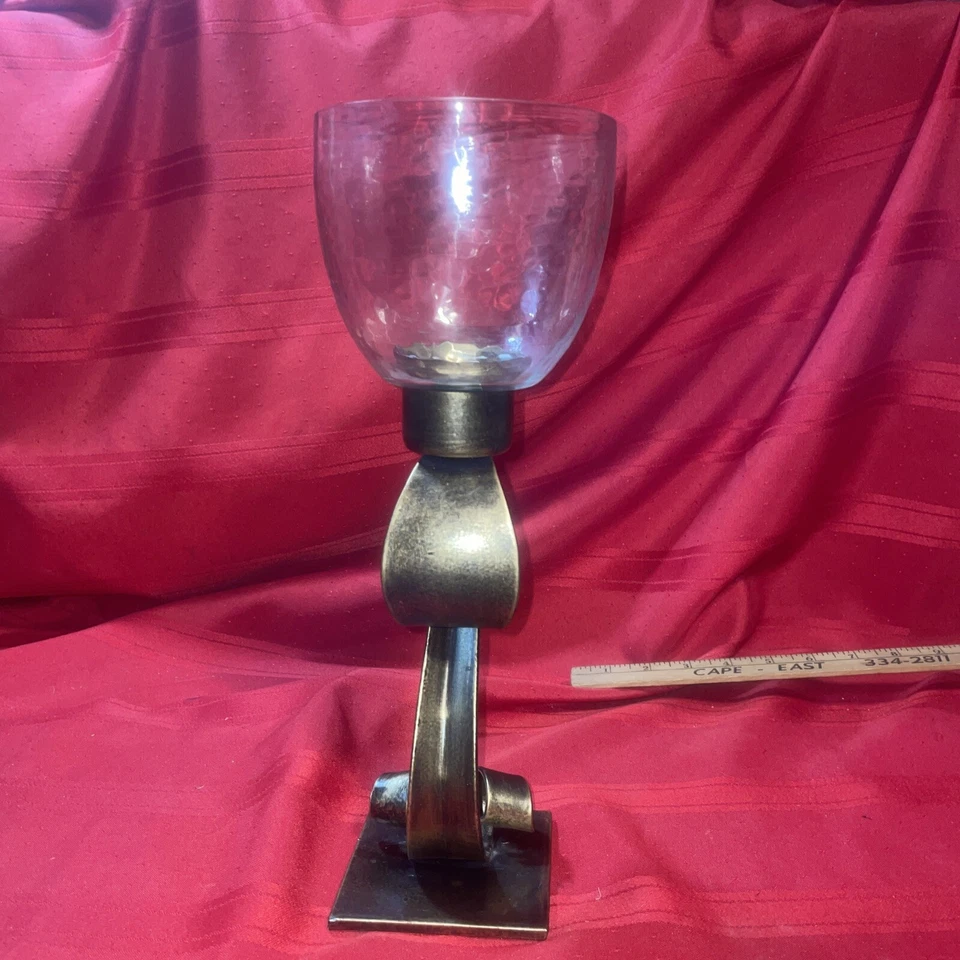 Antiqued Bronze & Glass Pedestal Tea Light Candle Holder T-Lite Ribbon Tuscan - Image 2 of 4