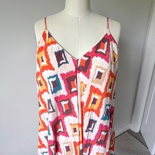 Savanna Jane Geometric Ikat Handkerchief Hem V-Neck Midi Dress Orange Pink 1X