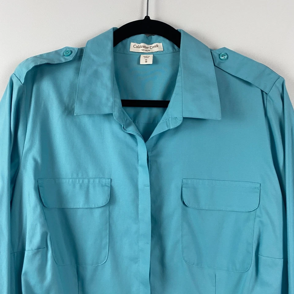 Camisa Coldwater Creek sem botão de ferro tamanho 1X dragonas azul água manga longa - Imagem 2 de 4