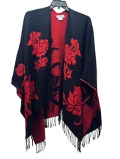 Poncho Womens One Size Black Red Floral Fringe Shawl Wrap Cape 29 Palms