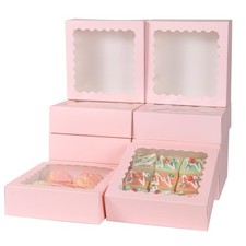50 PCS 8x8x2.5 Inch Pink Bakery Boxes with Window Cake Pastry Cookie Pie Box