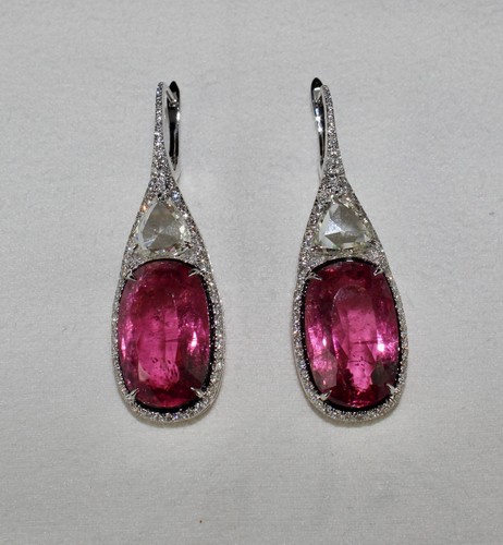 Natural Rubellite Pink Tourmaline Cushion Rosecut Diamond 18K Gold Fine Earring - Picture 3 of 12