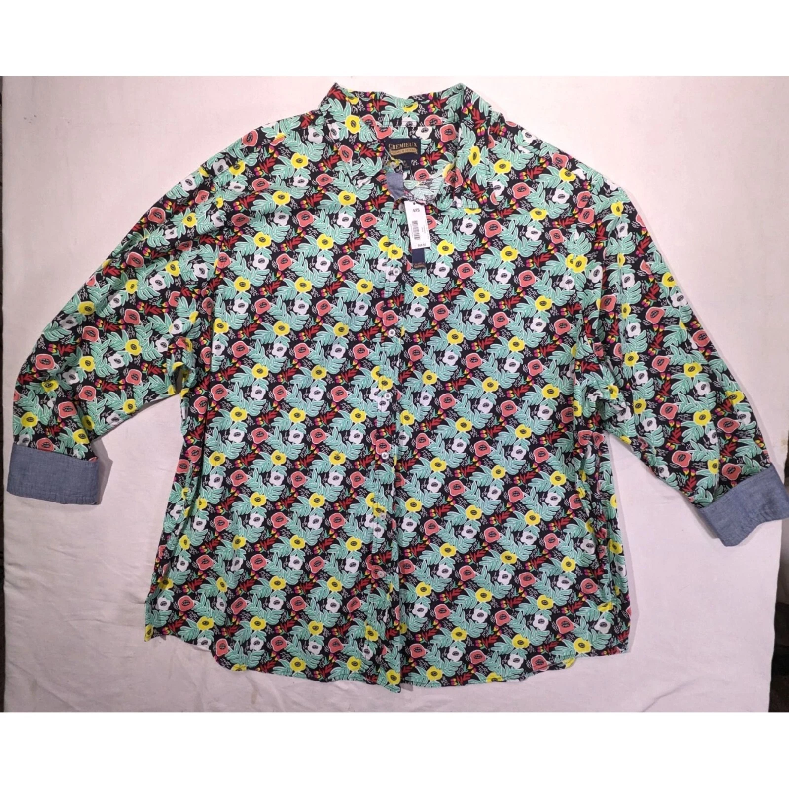 Cremeux Men's Premium Denim Floral Print Shirt 4XB Cotton Blend