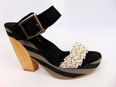 HELLE ZASTERI Women's Wood Evening Heels Sandals, Size 6.0 M, Beaded Stripped