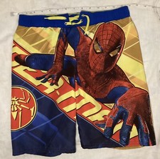 Amazing Spider Man Swim Trunks Boy 6-7 Yellow Blue Red All Over Print Mesh Liner
