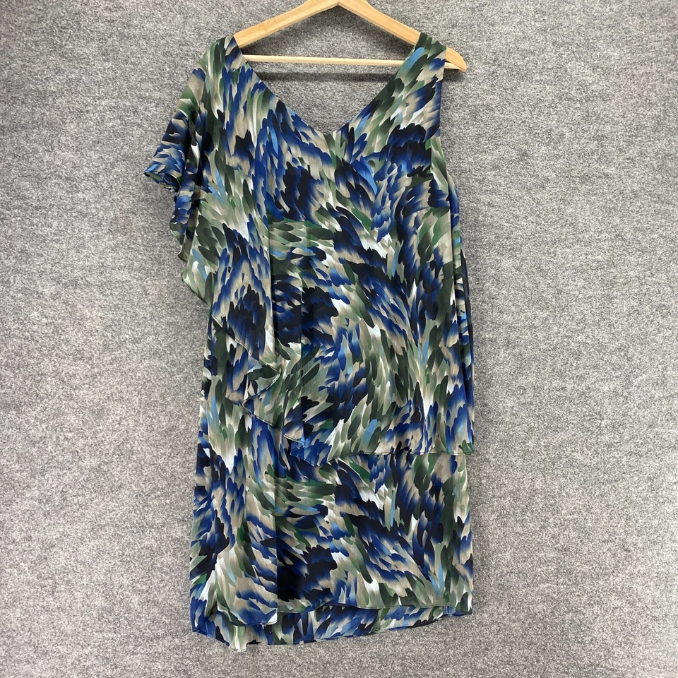 Vestido R&M Richards Mujer 14 Azul Cambio Geométrico Corto Forrado Volantes Sin Mangas Foto 2 de 4