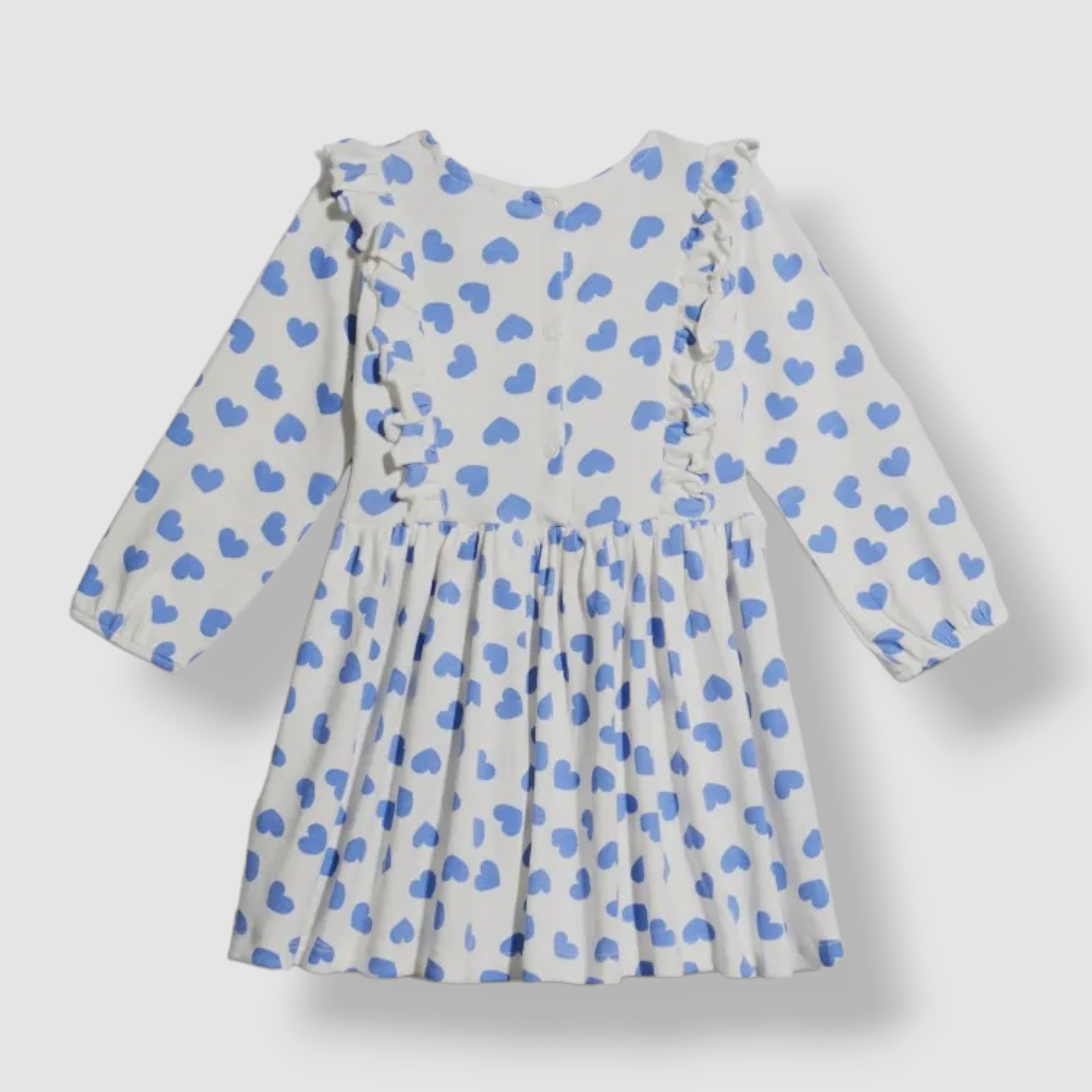 $70 Molo Baby Girls White Blue Chocho Heart-Print Ruffle Trim Dress Size 86/1.5