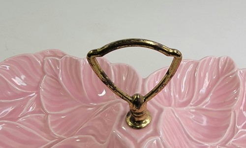 USA Pottery Pink Leaf Ceramic Candy Trinket Dish Vtg MCM Handle No 72 - Picture 3 of 8