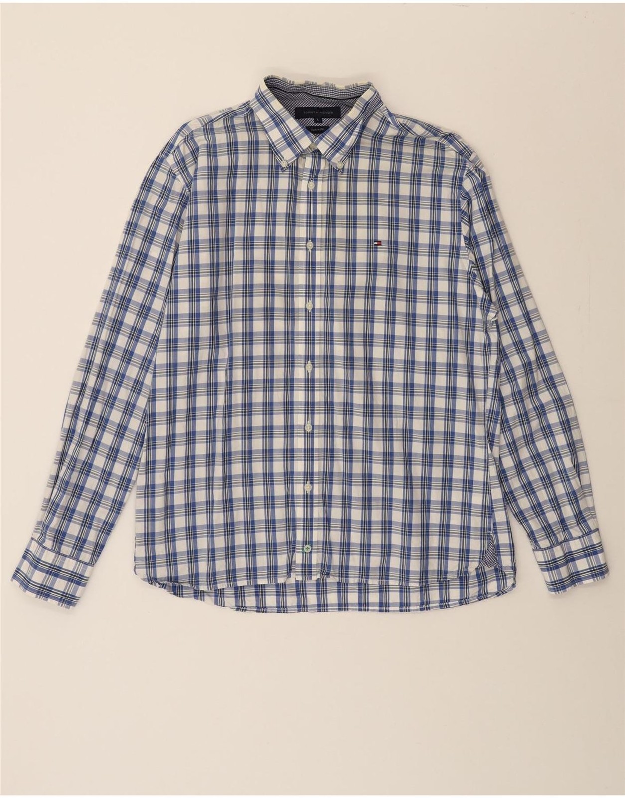 TOMMY HILFIGER Mens Custom Fit Shirt Large Blue Check Cotton CC12
