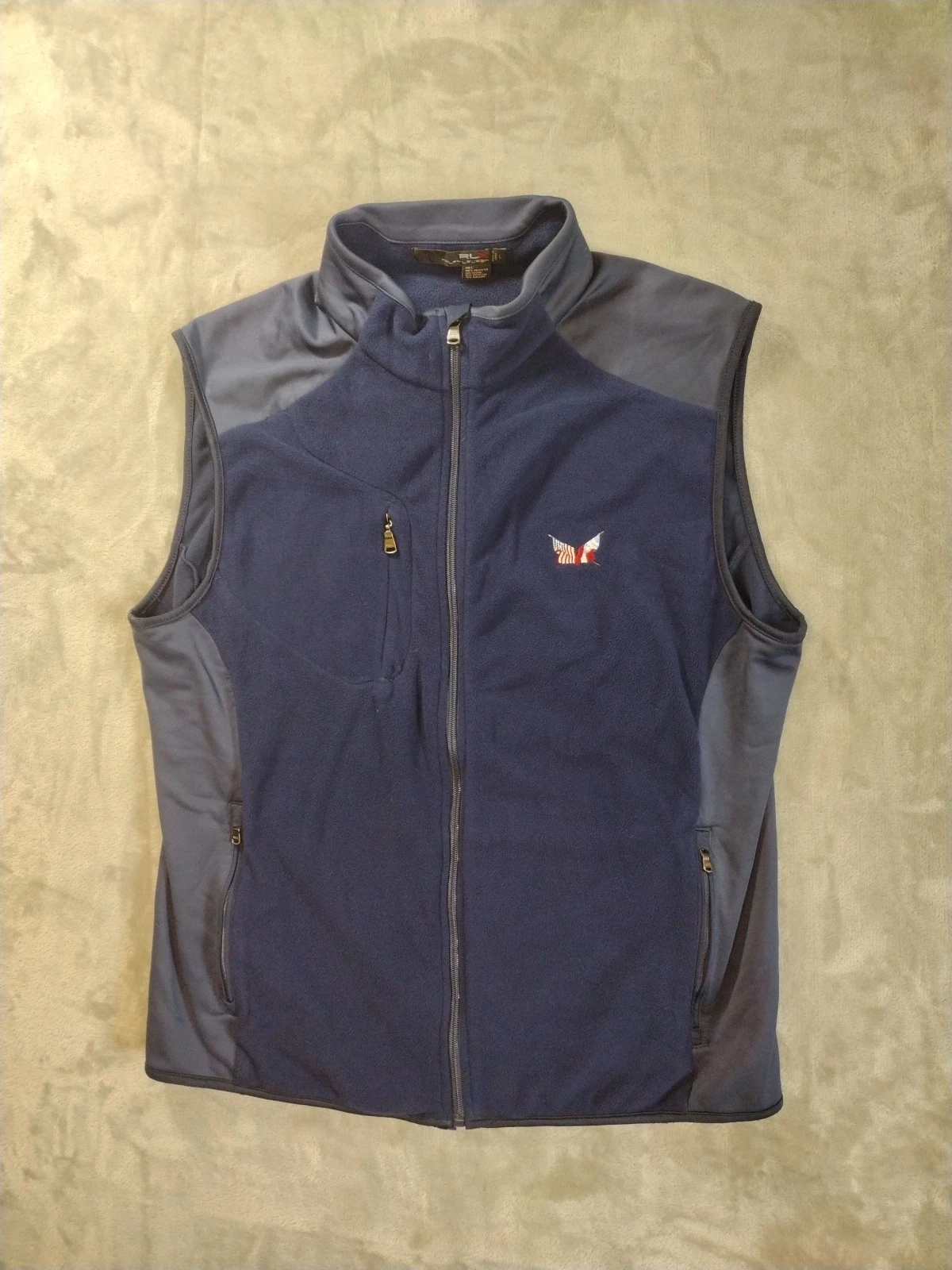 Ralph Lauren RLX Vest Mens L Blue Fleece Full Zip Embroidered Flags Golf Outdoor
