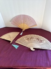 Vintage Oriental Asian Hand-painted Silk Folding Hand Fan and 2 Wooden fans