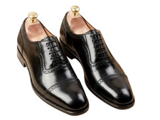 Handmade Black Genuine Leather Cap Toe Oxford Lace Up Office Dress Shoes For Men