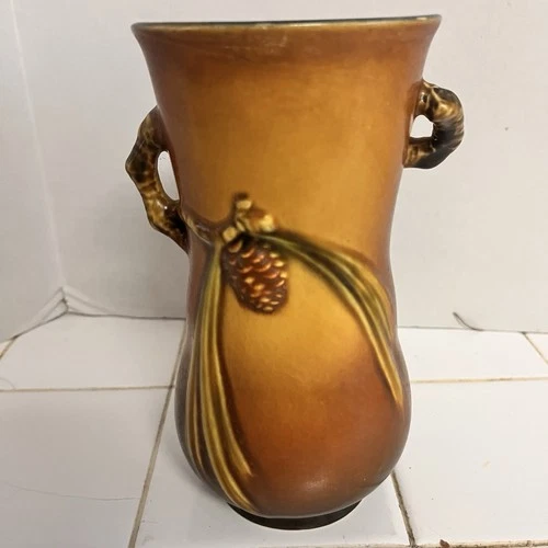 Roseville Pine Cone Brown Vintage Art Pottery Ceramic Vase 1936-43 Mark 8111-7