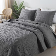 Dark Grey Queen Size Quilt Bedding Sets with Pillow Shams, Boho Full Lightweight