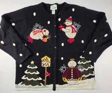 The Quacker Factory All over Print Snowman Cardigan Sweater Women’s 1X Black