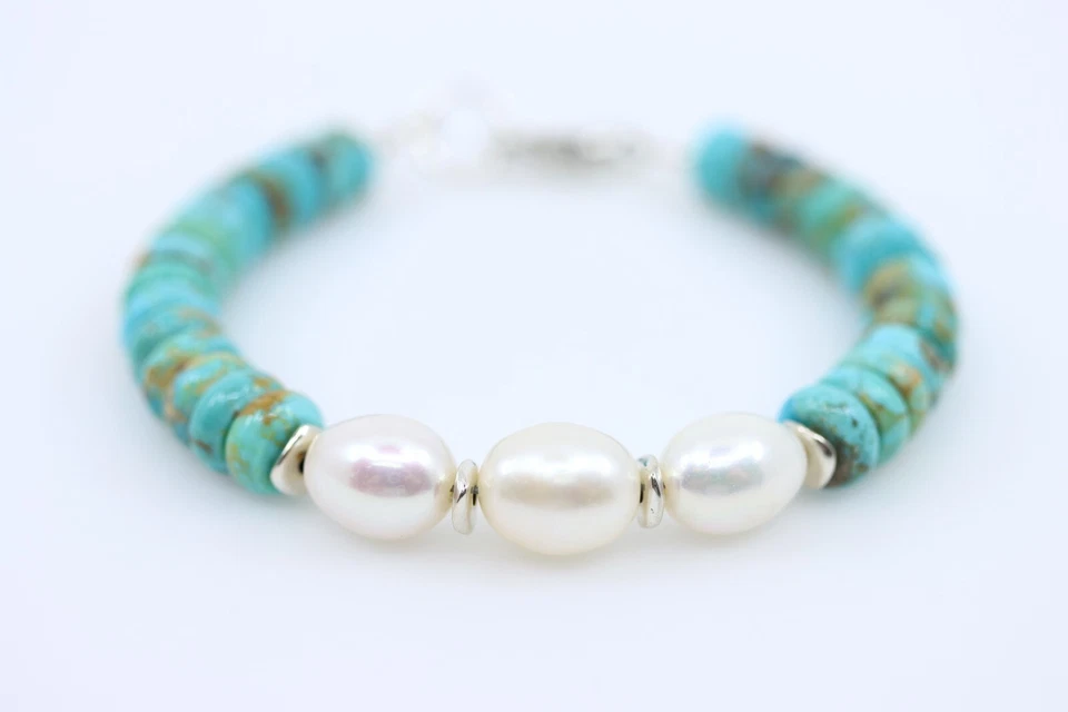 Pulsera Kingman Turquesa y Perla Plata Cuentas, Gruesa Formal Informal Todos los Días Foto 2 de 4