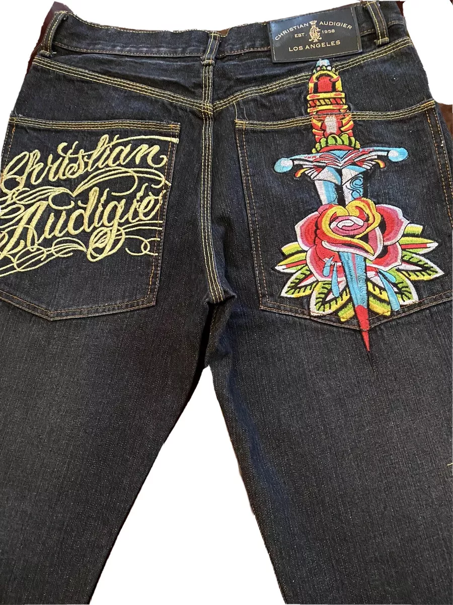 CHRISTIAN AUDIGIER L.A. DENIM MEN S ED HARDY DESIGNER SWORD ROSE JEANS 34 x 29