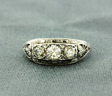 90's Art Deco 3-Stone 0.9Ct White Round Cut CZ Wedding Bridal Ring In 925 Silver