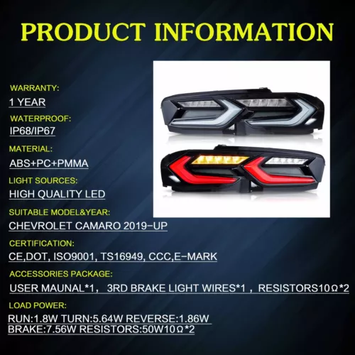 VLAND LED Tail Lights For 2019-up Chevy Camaro Smoked Style Rear Lamps a Pair - Picture 7 of 8