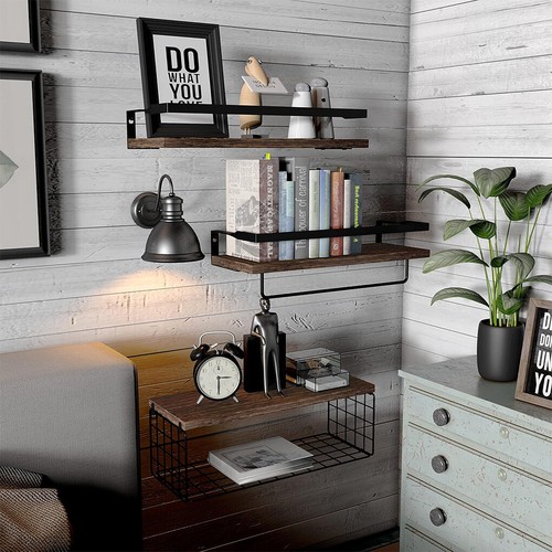 Floating Shelf Brackets Wall Shelves Mount Display Rack Storage Hook with Basket - Picture 10 of 12