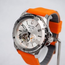 Bulova Men's Marine Star 98A226 Orange Silicone Strap Automatic Watch 45mm