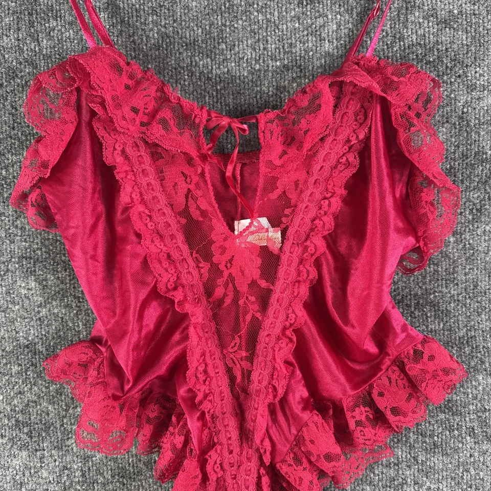 VTG 70s Delicates Satin Teddy Womens S Lingerie Pink Frilly Lace See-Through USA - Image 2 of 4