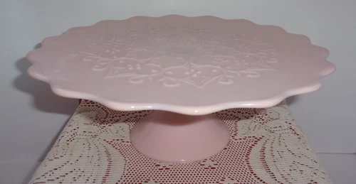Fenton Spanish Lace pastel PINK Milk Glass pedestal cake stand vntg 50's HTF EUC