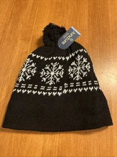 Juncture Basic Black with white snowflake pattern winter Pom Pom Toque NWT