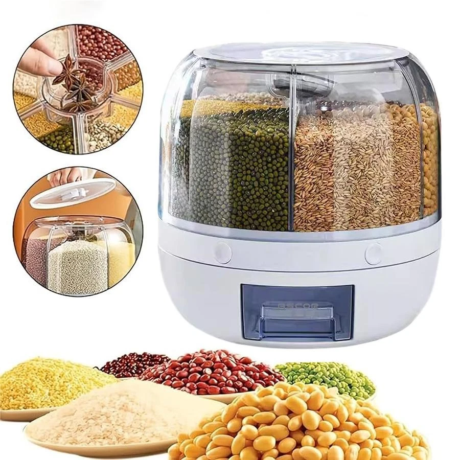 360° Rotating 6-grid Airtight Food Storage Container Cereal Grain Dispenser
