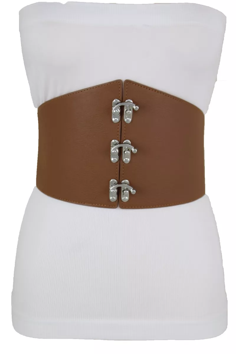 Women Hip Waist Silver Metal Hooks Buckle Fashion Wide Brown Corset Belt L  XL XX