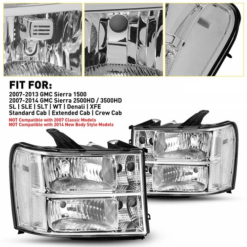 Pair Headlights Assembly For 2007-2014 GMC Sierra Front Headlamps Left+Right - Picture 5 of 12