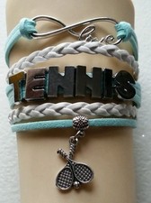 TENNIS LIGHT BLUE/WHITE LEATHER CHARM BRACELET SILVER ADJUSTABLE-SPORTS #73