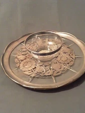 MCM Georges Briard Ornate Metallic Glass Design Plate Bowl Attached, Chip + Dip