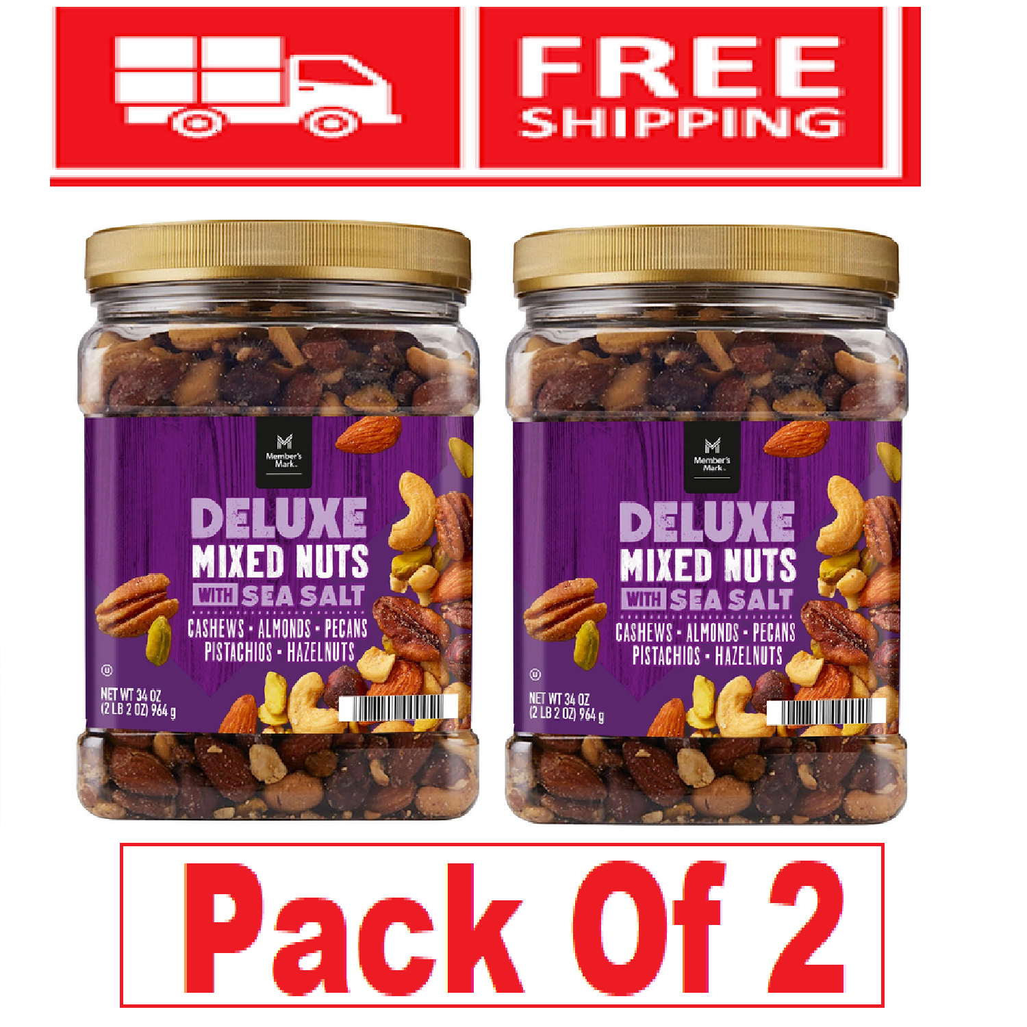 2 Packs Of Member's Mark Deluxe Mixed Nuts with Sea Salt 34 oz