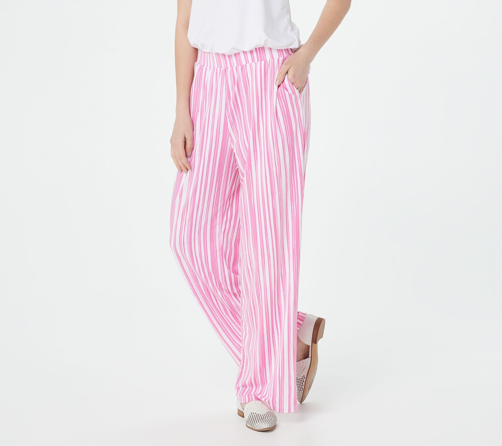 Elizabeth & Clarke Printed Wide-Leg Pants StainTech Women's Plus Sz 2X White