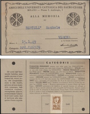 FRIENDS CARD OF THE CATHOLIC UNIVERSITY OF THE SACRED HEART MILAN 1949