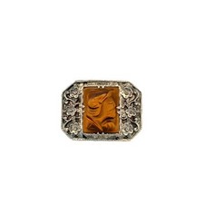 Vintage Sterling Silver Men Face Carved Tiger's Eye Stone Floral Art Deco Ring 9
